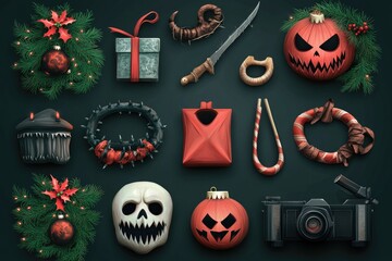 Poster - A collection of Halloween-themed items on a dark background, ideal for decorating or as a prop in your next spooky scene