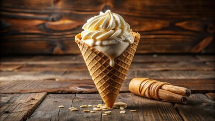 Poster - Melting Vanilla Ice Cream Cone on Rustic Wooden Background