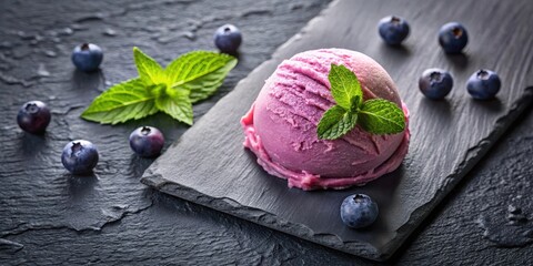 Poster - A scoop of purple berry ice cream garnished with fresh mint leaves, surrounded by blueberries on a dark slate surface.