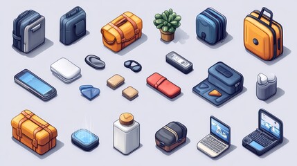 Poster - set of 3d isometric icons for hotel services packed items include a reservation for a room luggage shampoo soap towels slippers lunch at the restaurant and lobby reception vector graphics
