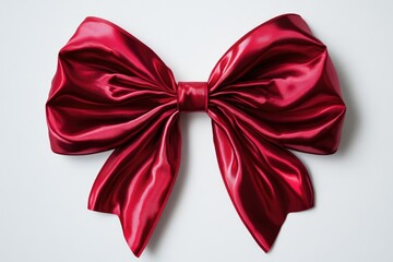 Fototapete - A single red satin bow placed on a plain white surface, suitable for decoration or styling purposes