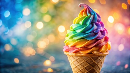 Poster - A Rainbow Soft Serve Ice Cream Cone with a Blurry Bokeh Background of Warm Lights