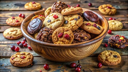 Poster - A wooden bowl overflowing with assorted cookies, a sweet and tempting treat for any occasion.