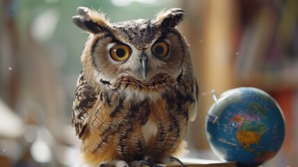 Poster - Close-up of an owl sitting peacefully on a wooden table