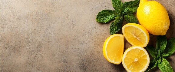 Wall Mural - Fresh lemons and mint leaves on a brown background.