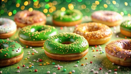 Poster - A colorful assortment of donuts, featuring a green glazed donut with sprinkles, surrounded by other donuts in various colors and textures, all resting on a surface dusted with colorful sprinkles.