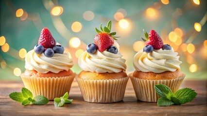Poster - Sweet Delights Three Vanilla Cupcakes Topped with Whipped Cream, Strawberries, and Blueberries, Decorated with Fresh Mint, Against a Festive Blurred Background