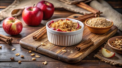 Poster - A rustic wooden table setting with a white ramekin filled with a sweet and crumbly apple crisp, surrounded by fresh apples, cinnamon sticks, and a bowl of oat crumble.