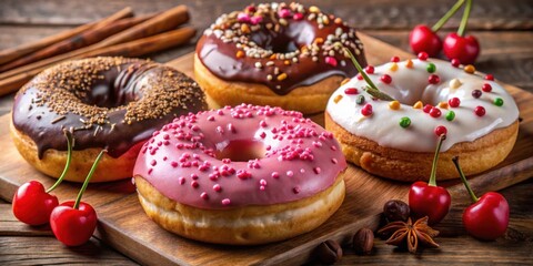 Poster - A Sweet Arrangement of Colorful Donuts with Cherries and Spices on a Wooden Cutting Board