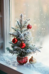 Poster - A small Christmas tree sits on a window sill with decorations and lights