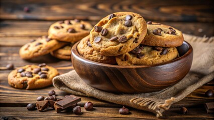 Aufkleber - A bowl of freshly baked chocolate chip cookies resting on a rustic wooden surface, inviting you to savor the sweet and comforting aroma