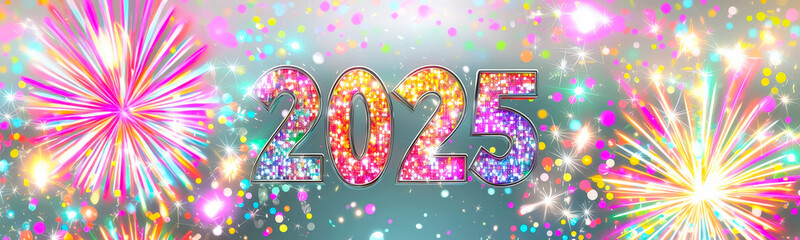 Poster - Colorful fireworks light up the background as the shimmering 2025 shines brightly, celebrating the arrival of the New Year banner