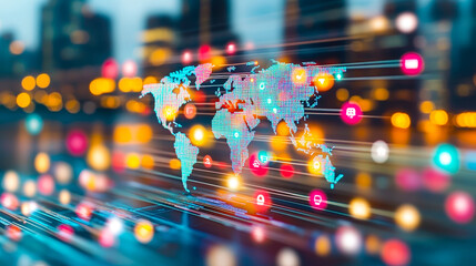 Poster - A vibrant illustration depicts a world map integrated with digital icons, symbolizing global communication and technology