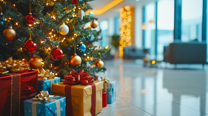 Poster - A beautifully decorated Christmas tree with lights and ornaments stands in a contemporary room filled with colorful gifts and festive ambiance