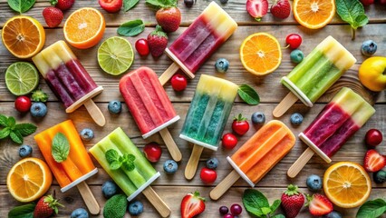 Aufkleber - A vibrant display of homemade fruit popsicles with a mix of fresh berries, citrus fruits, and mint on a rustic wooden surface