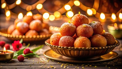 Poster - Sweet Delights of the Festive Season A Bowl of Golden Gulab Jamun Adorned with Sugar Powder and Warm Lighting