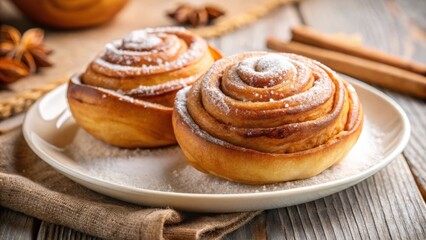 Poster - Two freshly baked cinnamon rolls, dusted with powdered sugar, sit on a white plate resting on a rustic burlap surface.