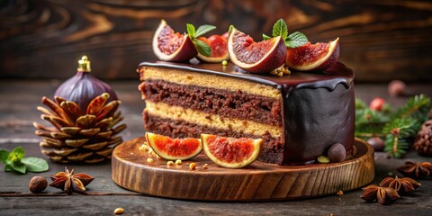Poster - A Slice of Decadence Chocolate Cake Topped with Fresh Fig Slices and a Touch of Mint, Resting on a Wooden Board