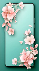 Poster - A smartphone wallpaper featuring a pastel turquoise background adorned with delicate pink flowers and leafy accents, creating a serene vibe
