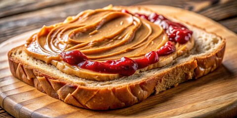 Poster - A single slice of bread with a swirl of peanut butter and dollops of jelly on top, resting on a wooden cutting board