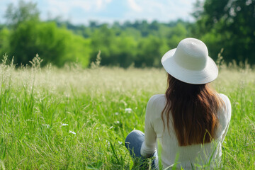 Poster - A woman sits peacefully in a grassy field, enjoying nature and tranquility.