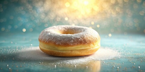 Poster - A Single Glazed Donut with Powdered Sugar on a Teal Surface with a Glowing Background