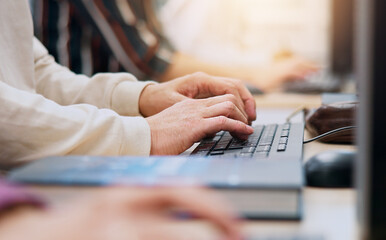 Aufkleber - Hands, keyboard and computer with office, connection or communication in website support. Person, coworking and tech for troubleshooting, online database or email as cybersecurity consultant in Japan