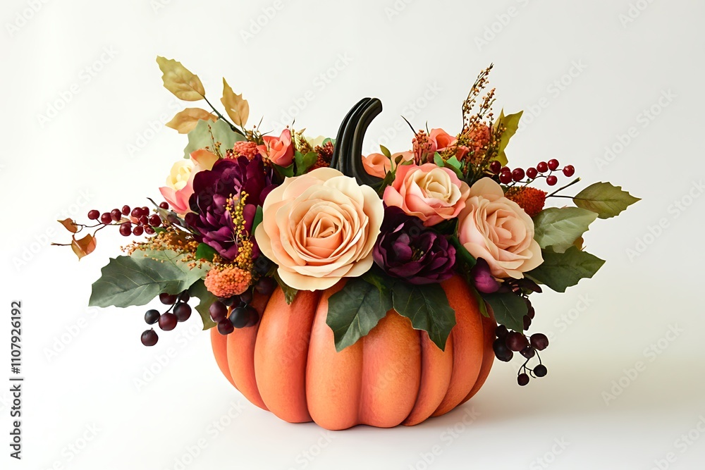 Beautiful autumn bouquet with pumpkins on color background Stock ...