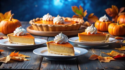 Aufkleber - Slices of pumpkin pie with whipped cream on a wooden table, surrounded by fall leaves and pumpkins.