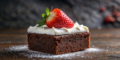 Poster - A Single Square of Chocolate Brownie Topped with Whipped Cream and a Fresh Strawberry on a Wooden Surface