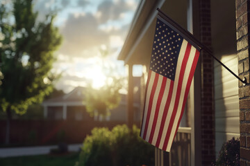 Poster - A U.S. flag gently waves in the sunlight outside a home, symbolizing patriotism and community.