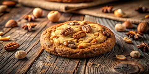 Poster - A close-up view of a nut-studded cookie resting on a rustic wooden surface, surrounded by an assortment of nuts, spices, and an out-of-focus burlap cloth
