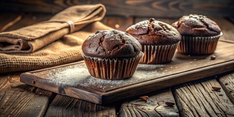 Poster - A rustic wooden surface with a burlap cloth and three chocolate muffins dusted with powdered sugar