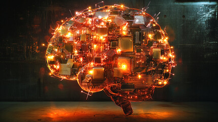 Aufkleber - Artificial intelligence brain sculpture made of circuits illuminated in a dark environment