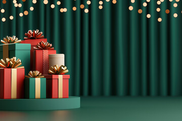 Poster - Gift boxes in various colors are stacked artistically, featuring ribbons, against a green curtain adorned with soft lights
