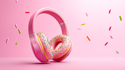 Aufkleber - A pair of pink headphones designed to resemble a donut is displayed against a bright pink backdrop with colorful sprinkles around it
