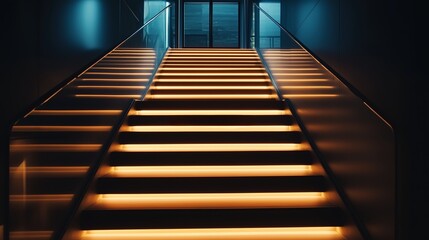 Poster - staircase illuminated by warm lights in a modern building with a sleek design and a hint of blue amb