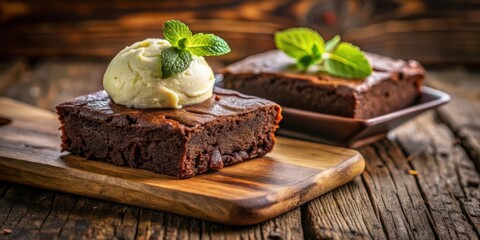 Aufkleber - A close-up shot of a decadent chocolate brownie topped with a scoop of vanilla ice cream, garnished with fresh mint leaves, set on a wooden cutting board against a rustic background.