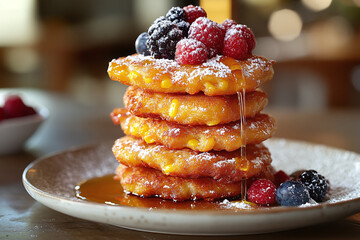 Wall Mural - Corn fritters stacked on plate, drizzled with honey, powdered sugar dusting, fresh berries as garnish.