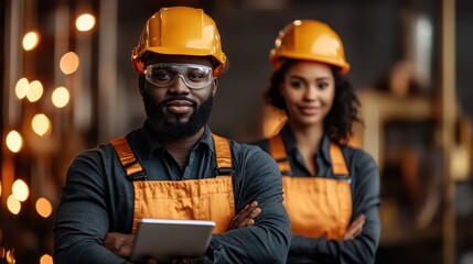 Two engineers wearing orange safety gear and hardhats work together in an industrial setting, holding a tablet as they monitor and plan projects in a factory.