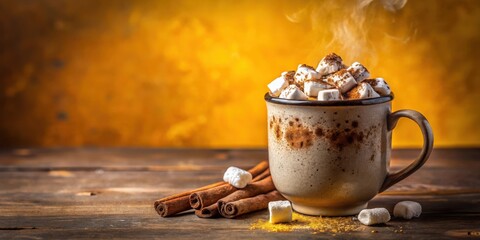 Poster - A steaming mug of hot cocoa topped with fluffy marshmallows and sprinkled with cinnamon, sitting on a rustic wooden table with cinnamon sticks