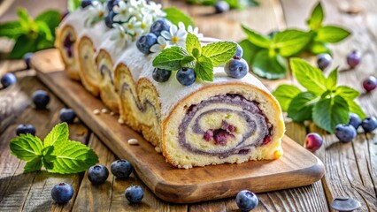 Poster - A Delicious Blueberry Roll Cake with Fresh Mint and Powdered Sugar, a Classic Dessert with a Sweet and Tart Flavor