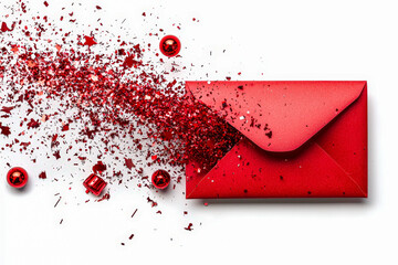 Poster - A vibrant red envelope spills out colorful glitter and decorations, symbolizing joy and excitement for holiday celebrations