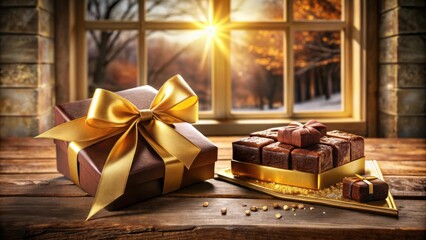 Poster - A brown gift box with a golden bow sits next to a tray of delicious chocolate treats, all bathed in the warm glow of the setting sun shining through a window.