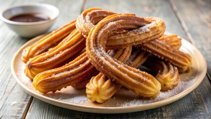 Poster - A plate of golden-brown churros dusted with powdered sugar, ready to be dipped in rich, decadent chocolate sauce