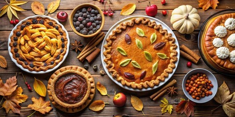 Poster - A Rustic Thanksgiving Feast Featuring a Variety of Delicious Pies, Fall Leaves, and Cinnamon Sticks