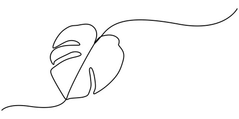 Aufkleber - Continuous line drawing  of a Monstera  isolated on white background, Leaf monstera continuous one line art drawing of outline vector illustration, Monstera or Swiss Cheese Plant Leaf Continuous Line.