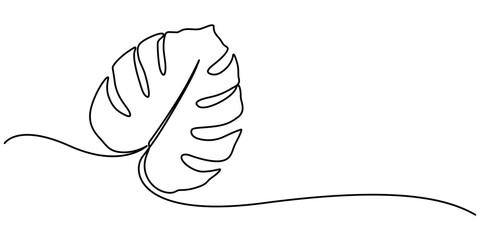 Aufkleber - Continuous line drawing  of a Monstera  isolated on white background, Leaf monstera continuous one line art drawing of outline vector illustration, Monstera or Swiss Cheese Plant Leaf Continuous Line.