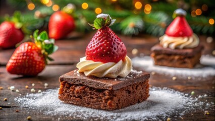 Poster - Festive Brownie Topped with a Strawberry Santa Hat, Sprinkled with Powdered Sugar on a Rustic Wooden Table