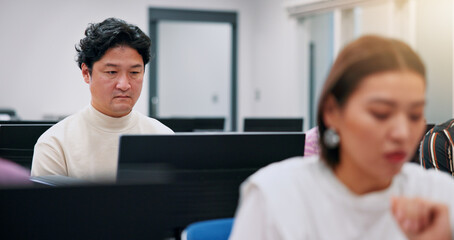 Aufkleber - Japanese man, business and computer with trading, connection and communication for stock market. People, coworking and tech for investment portfolio, economy or job as financial consultant in company